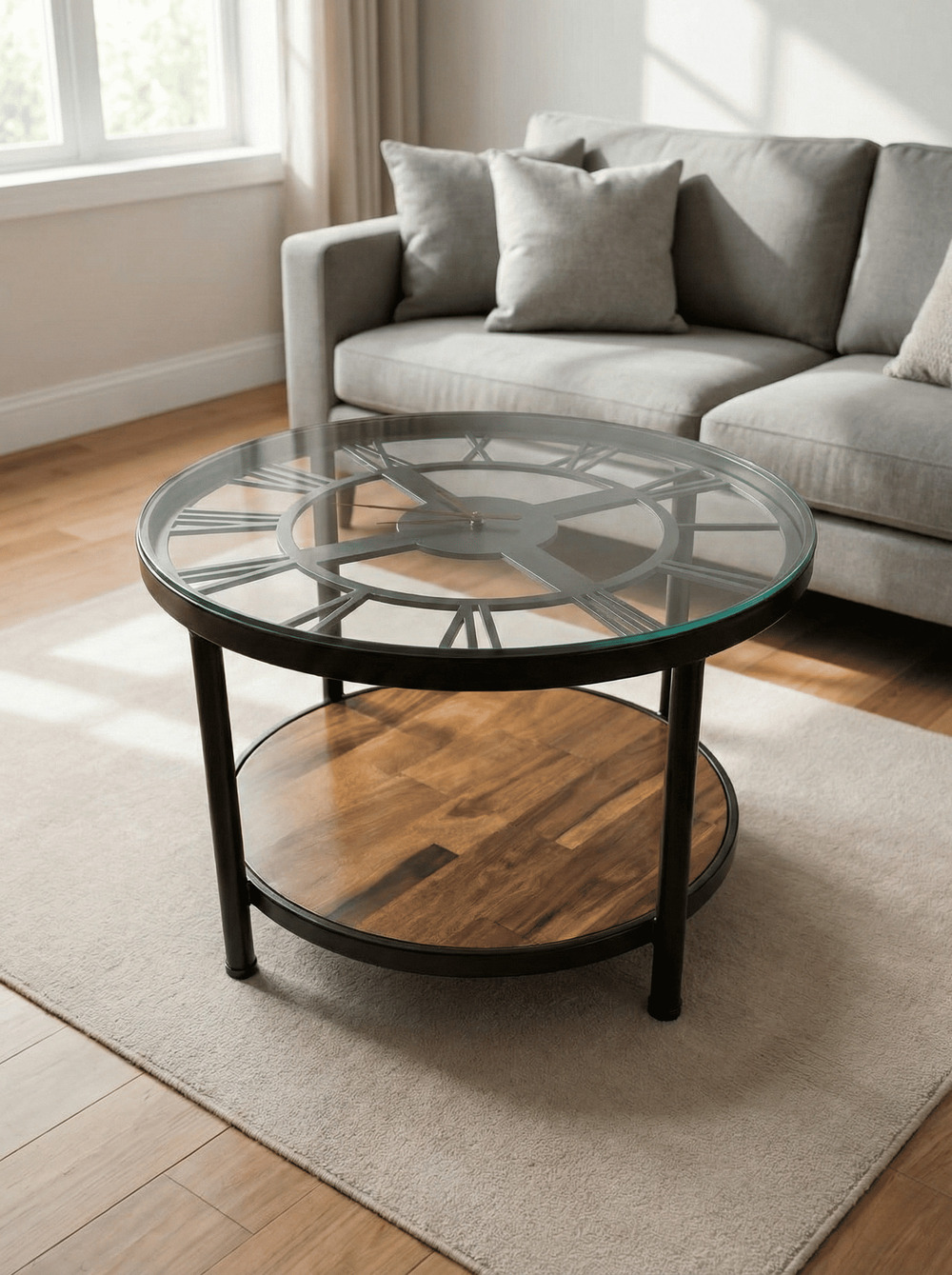 Mesa de metal y madera con forma de reloj